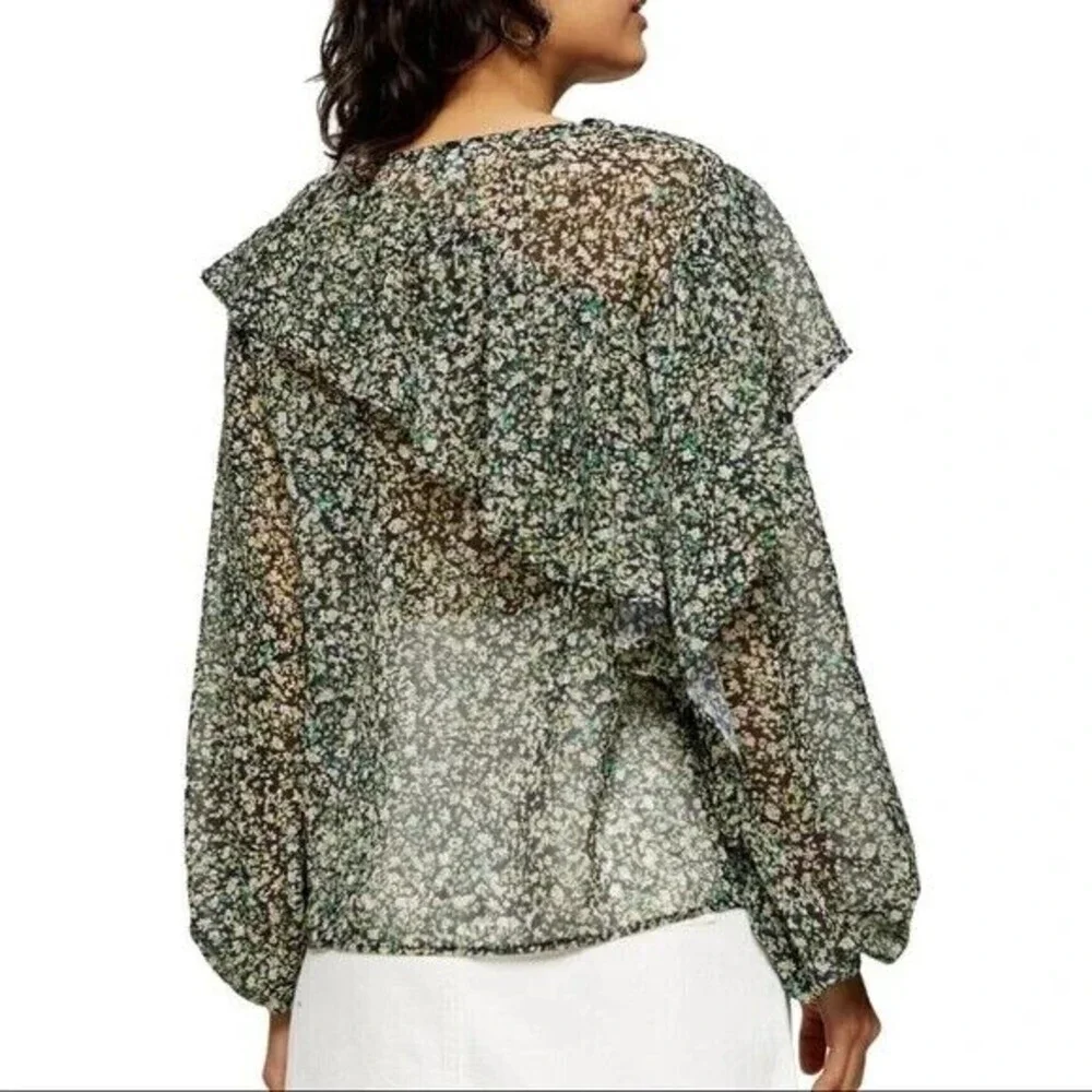 Topshop Women Green Floral Ruffle Long Sleeve Semi Sheer‎ Blouse Top 6